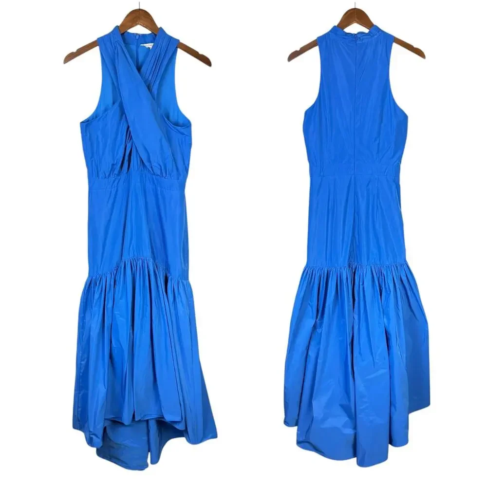 Veronica Beard Radley Blue Asymmetric Tiered Taffeta Crossover Neck Maxi Dress - Picture 8 of 11